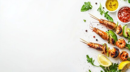 Grilled shrimp and lime garnish culinary delight kitchen minimalist overhead seafood recipe
