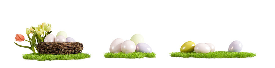 Set of easter eggs with grass and tulip flowers isolated on white