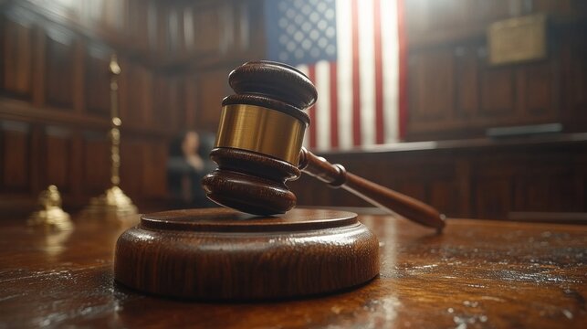 Judge's gavel resting on sound block in courtroom with United States flag