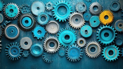 Assorted gears and cogs in varying sizes and colors, arranged on a textured blue background.