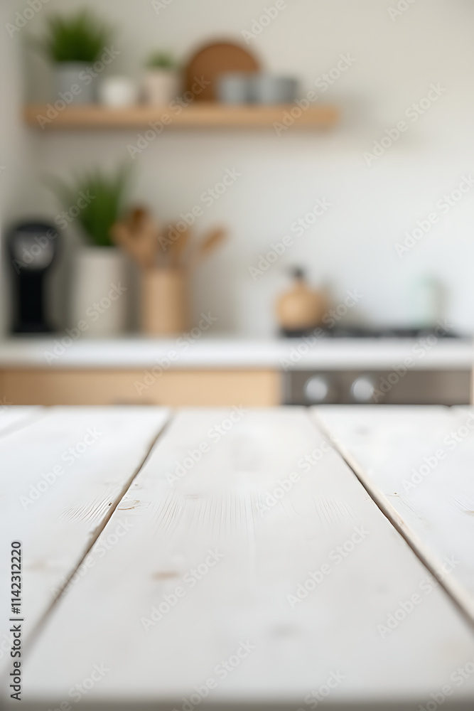 Poster a white wood tabletop is in sharp focus while the surrounding kitchen counter is blurred due to sele