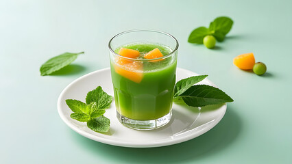 Fototapeta premium Title: Refreshing Green Juice with Orange Melon Cubes