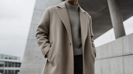 Naklejka premium A stylish individual wearing a minimal beige oversized wool coat, standing in front of a modern architectural backdrop. Ai generated (1)
