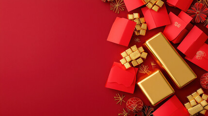 Gold ingots and red envelopes on festive red background