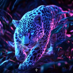 Neon Jungle Leopard with Glowing Eyes in Fluorescent Lighting