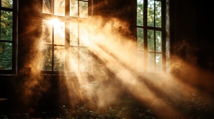 Sunbeams burst through window panes, illuminating dust particles suspended in air, creating a magical dance of light that fills the room with nostalgic warmth and charm.