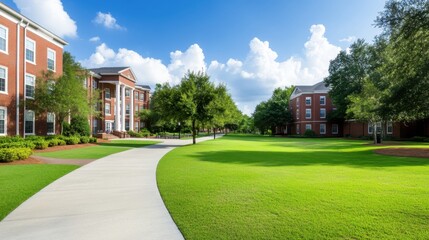 Fototapeta premium Serene Green Space with Curved Pathway and Elegant Buildings Under Bright Blue Sky with Fluffy Clouds