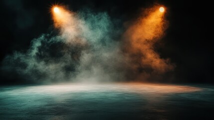 An isolated and ethereal stage captured with two powerful spotlights creating a mesmerizing scene, perfect for evoking creativity and imagination in performances.