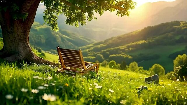 a bench in a field  with  a tree  and  mountains  in the background
