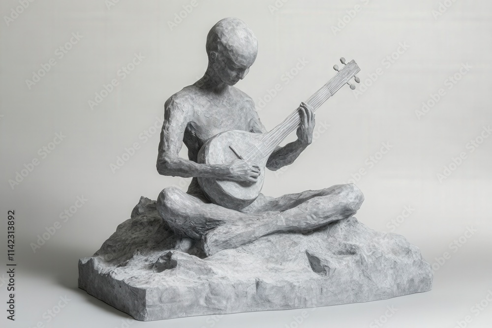 Poster a gray sculpture of a person playing a stringed instrument sits on a textured base