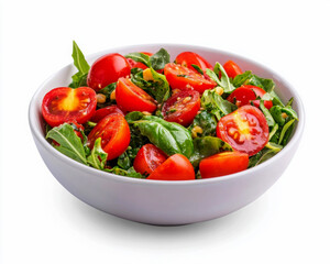 Fresh salad with cherry tomatoes and greens in a white bowl.