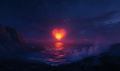 Fiery heart-shaped light over dark ocean, starry night.