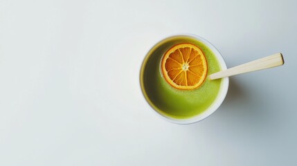 Bright orange matcha with orange zest and dried orange slice served elegantly against a clean white background