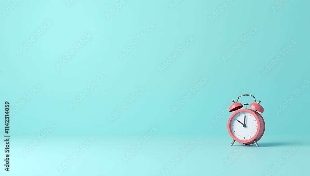 Poster a small red alarm clock sits prominently against a soft blue pastel background creating a visually s