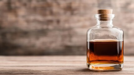 A classic glass bottle with a wooden cork set against a rustic wooden table, conveying a vintage and timeless feel with warm, earthy tones and simplicity.