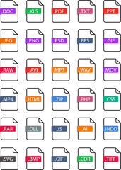 File format icons set. Format for texts, images, vector images, videos - pdf, doc, jpg, xls, zip. File download symbols. Document types in flat style illustration