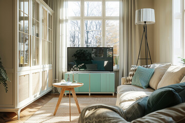 The stylish boho compostion at living room interior with design green sofa, coffee table and elegant personal accessories. Honey pillow and mirrors. Cozy apartment. Home decor