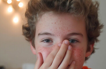 A boy covering his cheeks with his hand during a video call
