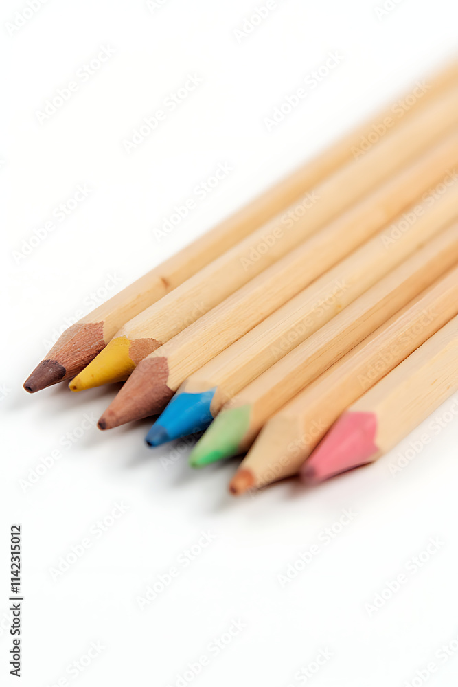 Poster A set of wooden pencils is neatly arranged on a plain white surface to showcase various colorful options._00001_