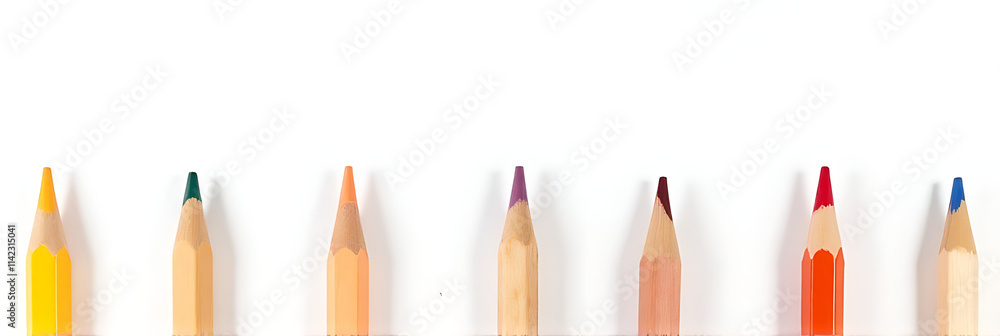 Poster a set of wooden pencils is arranged in a row, featuring various colors against a clear and empty whi