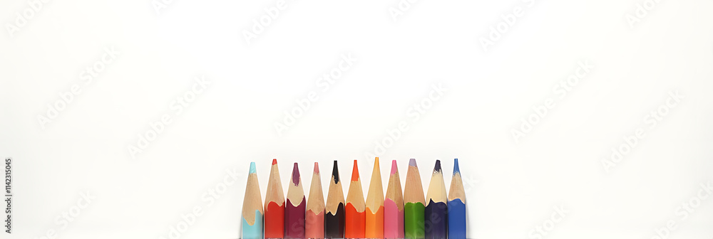 Poster a set of wooden pencils is arranged in a row, featuring various colors against a clear and empty whi