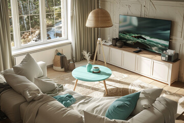 The stylish boho compostion at living room interior with design green sofa, coffee table and elegant personal accessories. Honey pillow and mirrors. Cozy apartment. Home decor