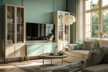 The stylish boho compostion at living room interior with design green sofa, coffee table and elegant personal accessories. Honey pillow and mirrors. Cozy apartment. Home decor