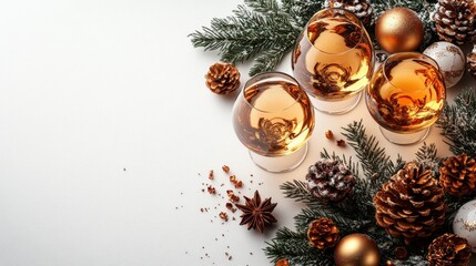 Elegant Arrangement of Three Glasses of Whiskey Surrounded by Christmas Decorations and Pine Cones Creating a Warm Holiday Ambiance