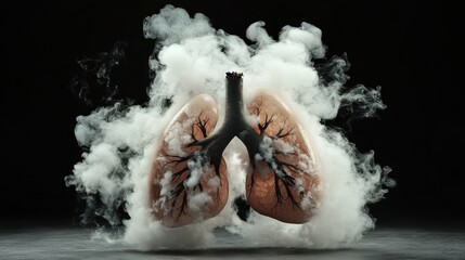 Fototapeta premium Imaginative artwork illustrating lungs with cigarettes replacing bronchi, shrouded in dense smoke, representing the adverse impacts of smoking on lung health.