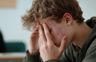 Fototapeta premium A teenage boy sitting in a classroom, touching his face during a lesson