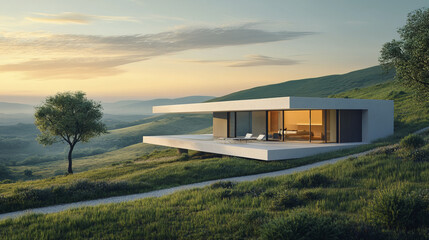 modern minimalist house overlooking quiet countryside landscape