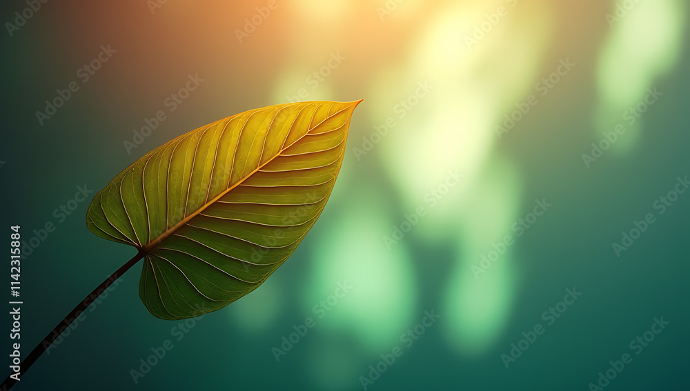 Poster a selective focus is used on a vibrant tropical leaf against an abstract gradient with shadows and c