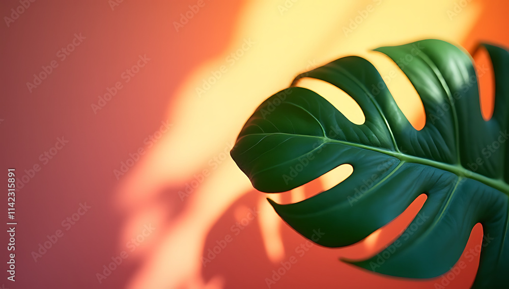 Poster a selective focus is used on a vibrant tropical leaf against an abstract gradient with shadows and c