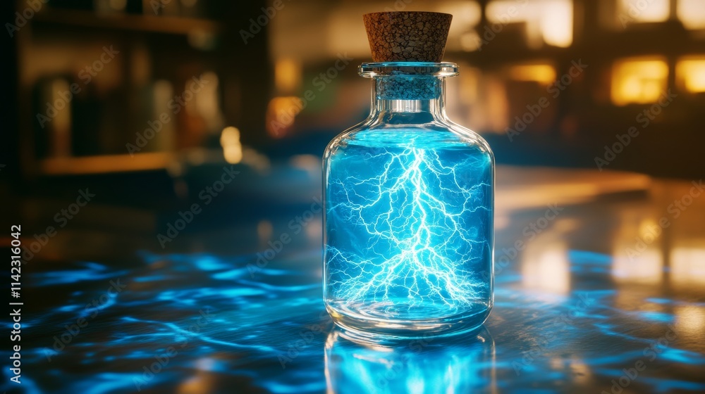 Poster lightning captured in a glass bottle with cork creating blue glowing effect