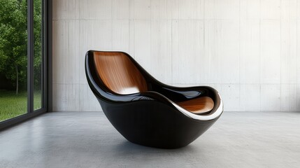 This glossy black chair features a beautifully crafted wooden design, mixing modernity and artistry to offer a stylish and comfortable seating solution for interiors.