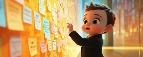 Baby boss analyzing sticky notes on a wall, planning new strategies