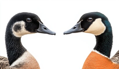 Obraz premium Two ducks are facing each other with their beaks touching