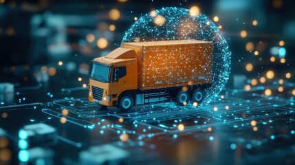 AI-simulated logistics pathways glowing across digital globe, smart logistics software.