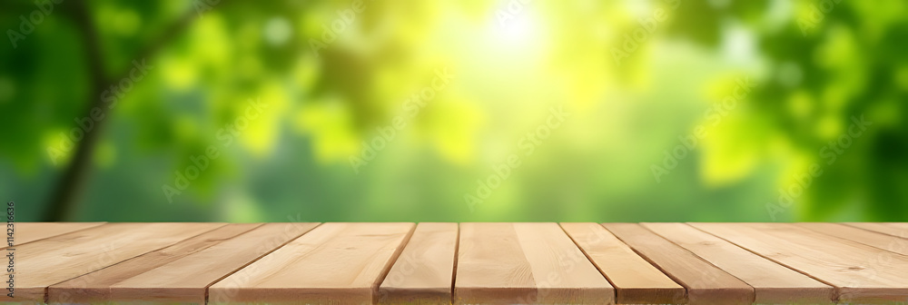 Poster a real wood tabletop texture with a blurred leaf tree garden background is ideal for product display