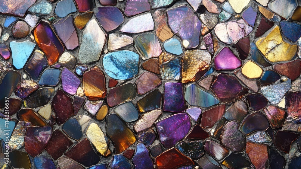 Poster colorful mosaic tiles creating abstract pattern, shining surface reflecting light
