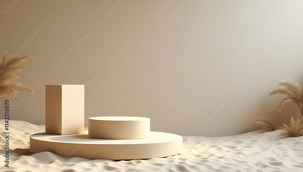 Poster a platform featuring a sandstone product display with a sand beach background and a podium stand for