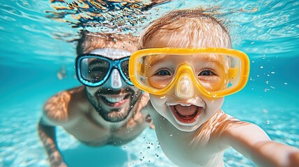 Naklejka premium Joyful father and son swimming together in clear pool bright outdoor setting