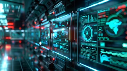 Fototapeta premium Futuristic digital dashboard with advanced data and information display interface Abstract cyberpunk style control panel with HUD and interactive technology screens