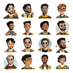 A set of portraits of men for usepics. A group of office staff face drawings isolated on white. AI-generated clipart