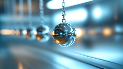 Newton's cradle with focus on glossy metal balls, blue hue
