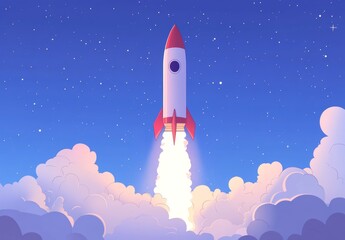 A rocket is flying through the sky with a bright orange tail