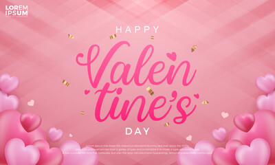 Romantic happy valentines day greeting card with pink heart decoration and gold ribbon sprinkles