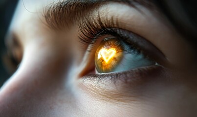 Naklejka premium Close-up eye; glowing heart reflected in pupil.