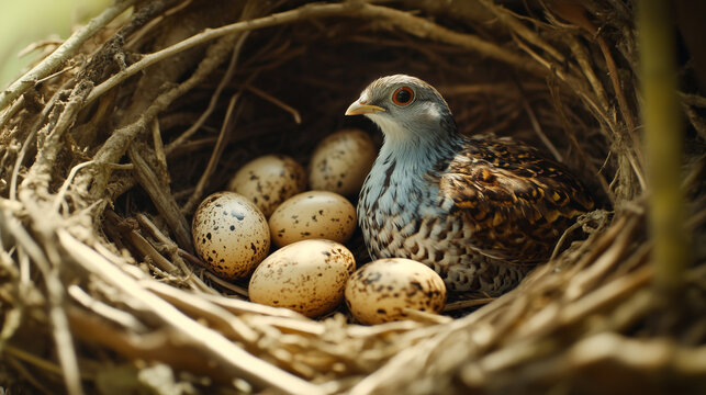 Close up de uma codorna selvagem em seu ninho rodeada de ovos 
