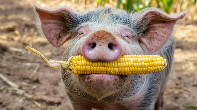 Close up de um porco feliz com uma espiga de milho na boca em uma fazenda 